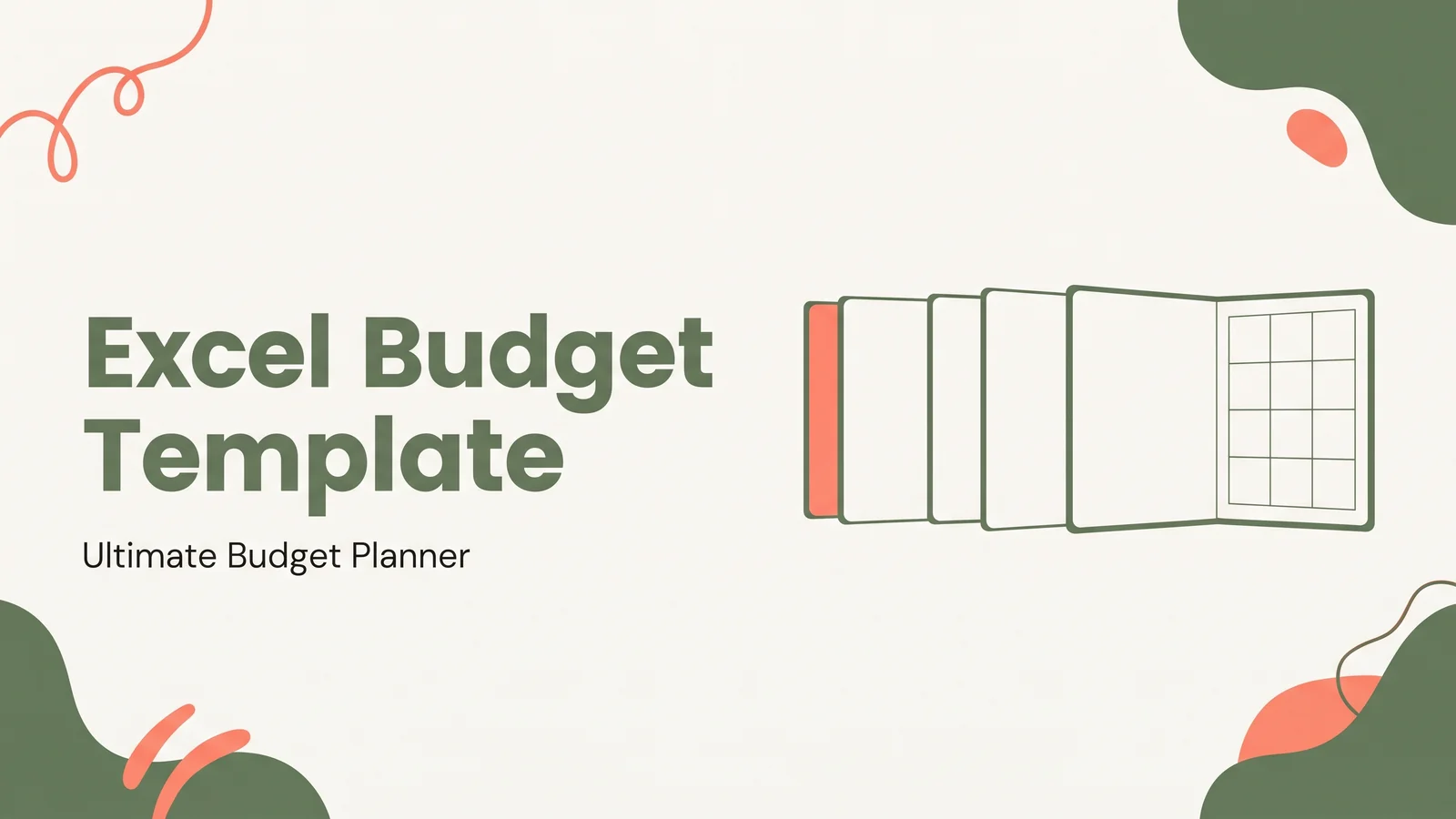 Illustration of four Excel budget workbooks side by side, one of them opened to a twelve-month grid, in sage green and coral