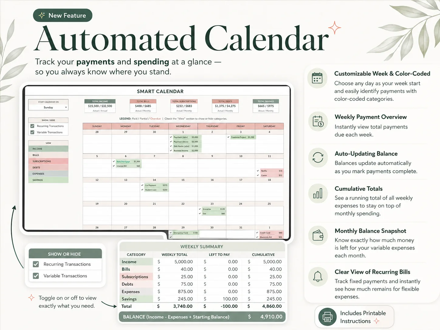 Automated calendar: income, bills, subscriptions and savings placed on their dates, with a weekly summary of what is paid and left to pay