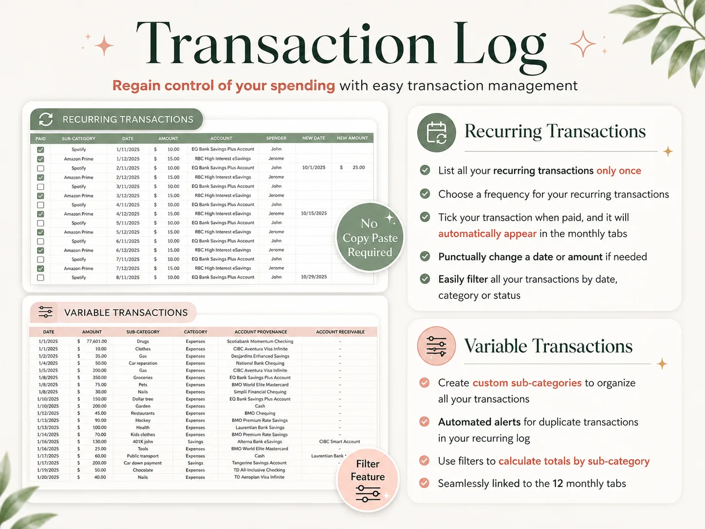 Ultimate Budget Planner transaction log in Google Sheets: recurring transactions with frequency and paid ticks above a variable transaction list