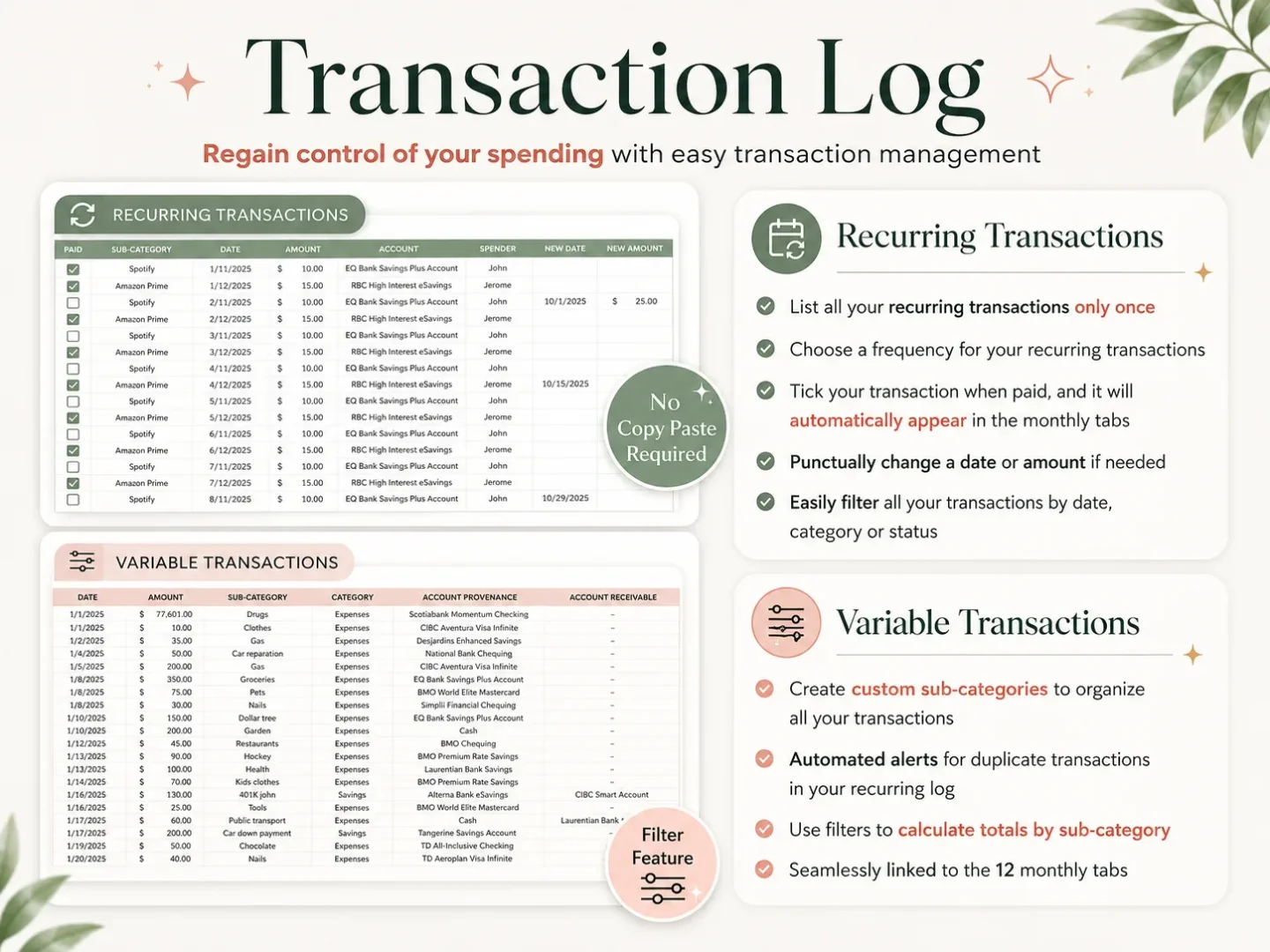 Transaction log showing where grocery purchases can be recorded in one list