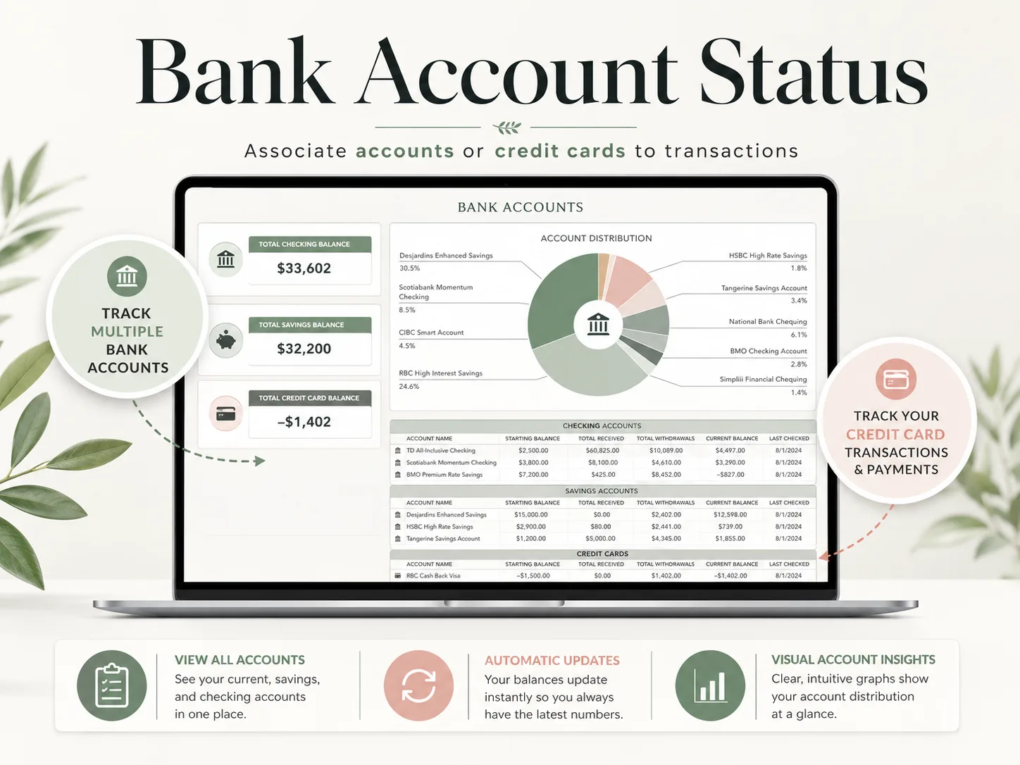 Bank Accounts tab (sample data): checking, savings and credit card balances tracked side by side, updated as transactions are logged